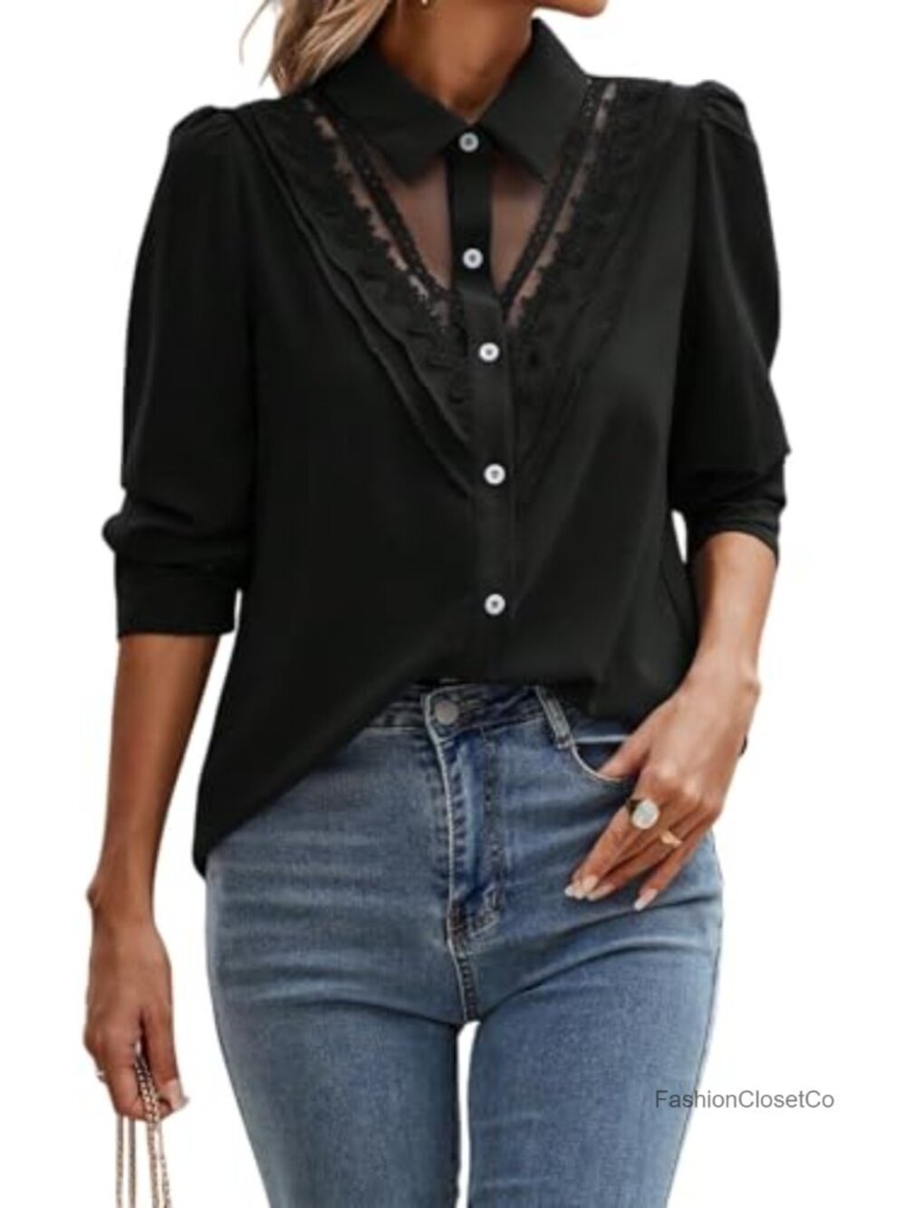 Women's Sheer Lace Trim Puff Sleeve Button Down Blouse